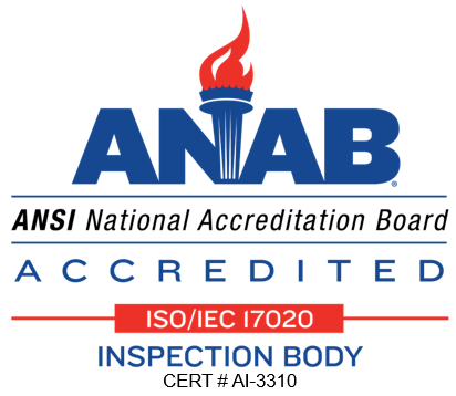ANAB ANSI National Accreditation Board — ISO/IEC 17020 Inspection Body Accredited, Cert # AI-3310